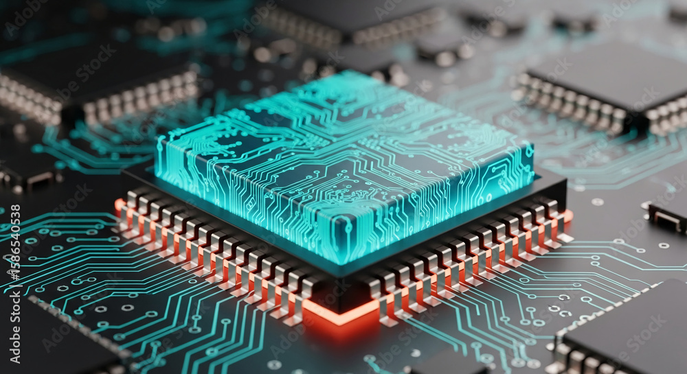 Fototapete close-up of a microprocessor, showcasing intricate circuit board design with glowing teal lines, rep