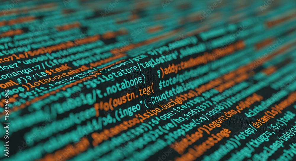 Fototapete close-up of teal and orange computer code, creating a technological and abstract texture, representa