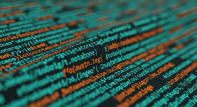 Close-up of teal and orange computer code, creating a technological and abstract texture, representative of software development, programming, and digital innovation