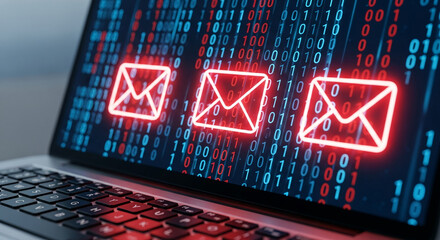 Laptop screen displays binary code with three glowing red email icons, symbolizing digital communication, cybersecurity, or data security