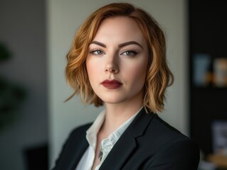 Transgender businesswoman standing confidently in modern office.  Professional transgender woman in office wearing suit, representing diversity and inclusion at work