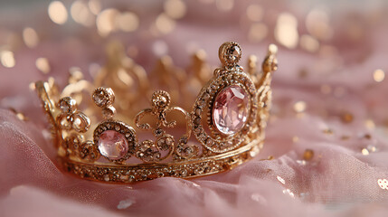 Princess birthday party: golden bedazzled princess crown on a pink tulle fabric with golden bokeh background