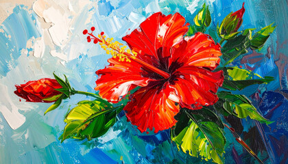 Oil painting of red hibiscus. Beautiful flower. Hand drawn art.