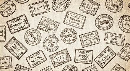 Scattered passport stamps on textured paper background, showcasing travel, adventure, and journey concept