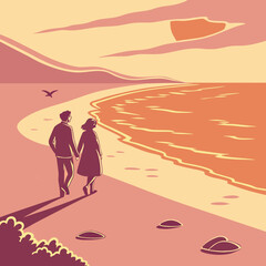 Fototapeta premium Couple walking on scenic beach at sunset from above in modern flat illustration style