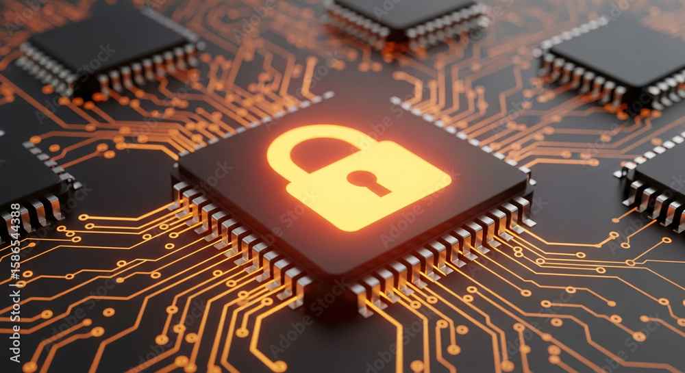 Fototapete close-up of circuit board with glowing orange padlock icon, symbolizing digital security and data pr
