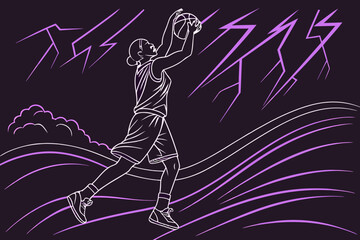 Purple light trails on black background, abstract energy and motion in modern flat illustration style