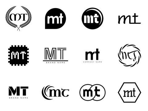 MT logo company template. Letter m and t logotype. Set different classic serif lettering and modern bold text with design elements. Initial font typography.
