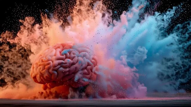Exploding creative brain. A human brain burst with bright colorful powder paint