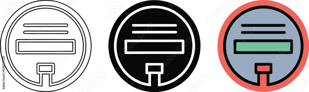 Fototapete Three circular icons depicting a stylized mailbox in outline black and colored versions on white background