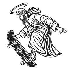 Fototapeta premium Line art illustration of a bearded saint with halo skateboarding with outstretched arms in black and white created with generated ai