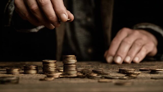 Counting coins for financial planning in a rustic setting