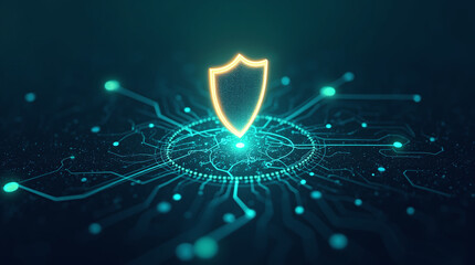 A glowing shield hovering with green check mark above a digital circuit board, with neon blue and pink lines symbolizing cybersecurity

