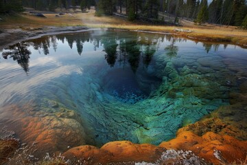 Geothermal hot spring reflecting trees in yellowstone national park, showing amazing colors
