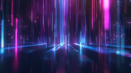 Futuristic neon cityscape with pink and blue lights reflecting on wet street background