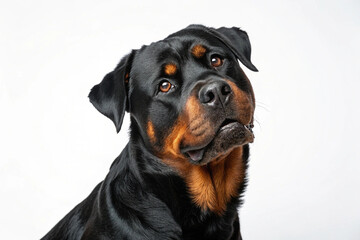 Studio portrait of a Rottweiler dog with calm expression and tilted head on white background