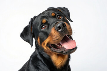 Fototapeta premium Studio portrait of a happy Rottweiler dog with tongue out on white background