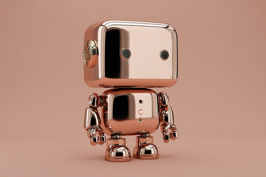 Cute silver robot with copper limbs and antennae posed on vivid orange backdrop