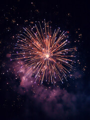 Fototapeta premium Colorful fireworks blossom in pink and gold trails across moonless night sky