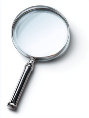 Metal magnifying glass with black handle lying on white surface at slight angle