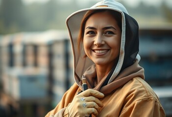Female beekeeper in protective gear with blurred apiary