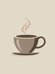 Obraz premium Stylized beige coffee cup with curved handle and saucer depicted on light taupe background, flat icon