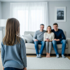 Fototapeta premium Young girl facing family seated on a sofa in a bright living room.