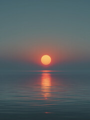 Fiery orb of sun kissing calm ocean horizon at golden-hour sunset photograph