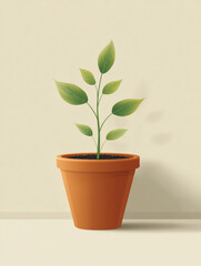 Fototapeta premium Thriving sapling with multiple leaves planted in clay pot on neutral cream surface