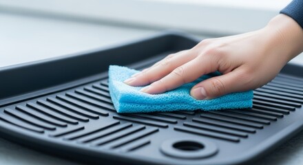 Fototapeta premium Hand Cleaning Black Grill with Blue Sponge