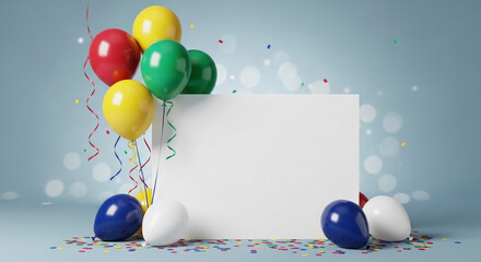 Colorful balloons with ribbons and confetti surrounding blank card, ideal for festive announcements or celebrations, conveying joy and fun