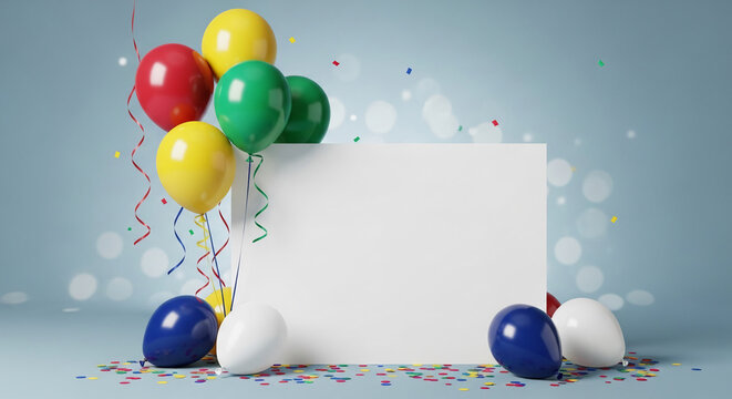 Colorful balloons with ribbons and confetti surrounding blank card, ideal for festive announcements or celebrations, conveying joy and fun