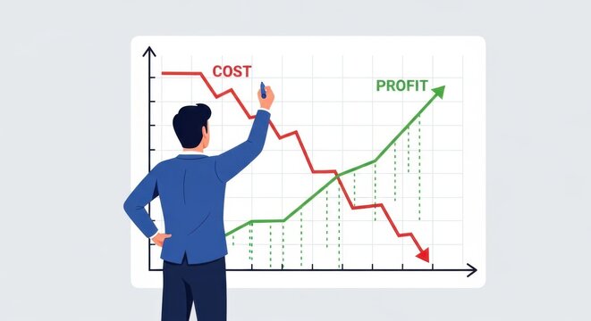 A businessman analyzes a chart showing decreasing costs and increasing profits, illustrating business growth strategy