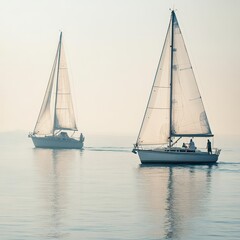 Sailboats drift on calm morning waters