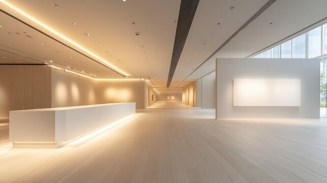 A spacious, minimalist interior hallway with pale wood flooring, white walls, and subtle warm lighting features, showcasing a clean, modern aesthetic