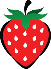Obraz premium Red Strawberry Illustration Green Leaves White Seeds Black Outline Simple Flat Design vector