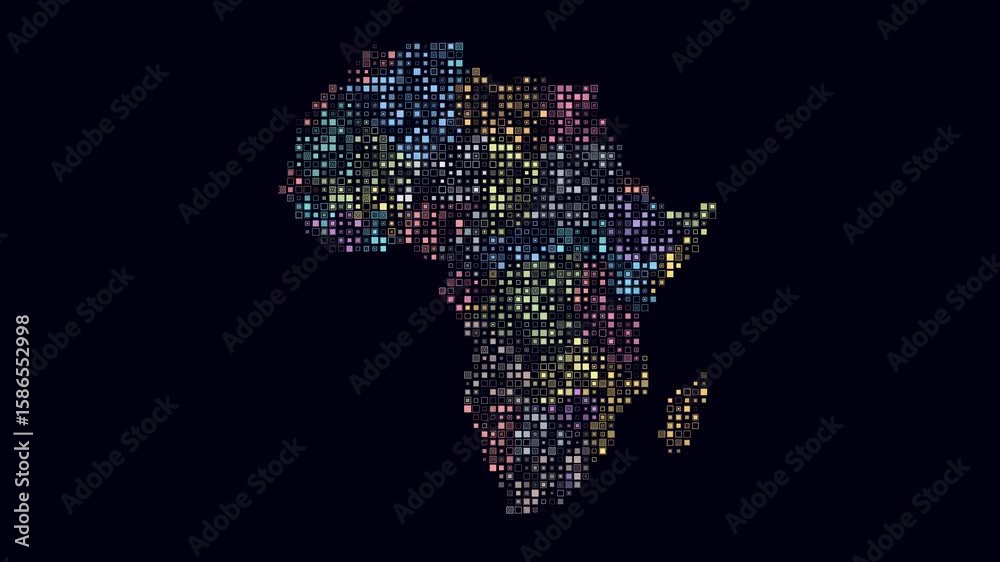 Poster africa dotted animation. shape of the continent build of pulsating colored dots. small size square b