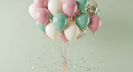 Bunch of pastel pink, mint, and white balloons with gold confetti, floating against a sage green background.  Symbolizes celebration, joy, and festive occasions