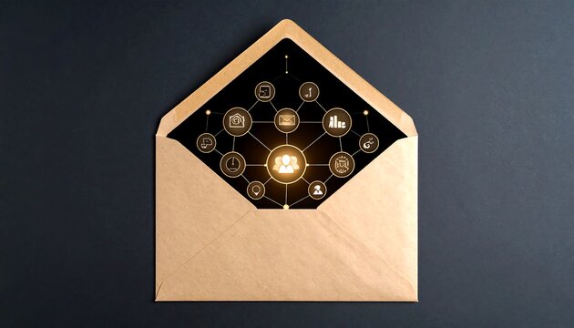 A brown kraft envelope, open, showing a network graphic within