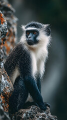 Obraz premium A monkey with a white face and black hair is sitting on a rock