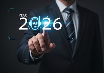 Businessman interacting with virtual screen displaying 2026 and a Chatbot icon, future trends and technology. concept of innovation, AI artificial intelligence, and strategic planning.