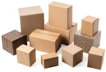 Various Sizes of Brown Cardboard Boxes Randomly Arranged on Transparent Background