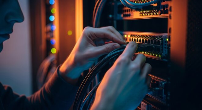 A network engineer is connecting cables to a server in a data center for maintenance and system updates - Powered by Adobe