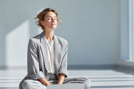 Calm businesswoman meditating in bright space, eyes closed, seeking inner peace. Serene scene represents mindfulness, focus, and worklife balance. - Powered by Adobe