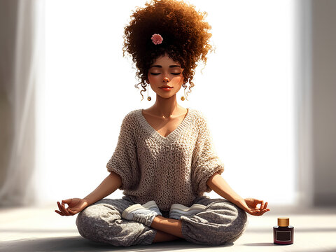 Just breathe and relax. Portrait of a serene young black woman meditating in an apartment. Her eyes are closed in pleasure.