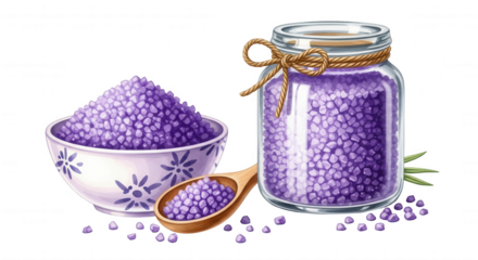 A decorative bowl and glass jar filled with purple bath salts and a wooden spoon isolated on transparent background