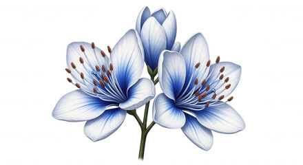 Delicate blue and white petal flowers with brown stamens and a single drop of water isolated on transparent background