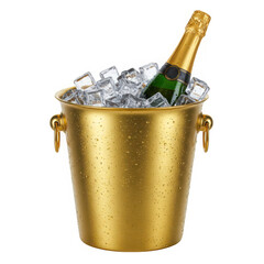 Elegant gold champagne bucket filled with ice cubes and a bottle isolated on transparent background