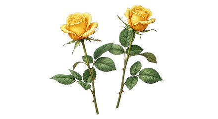 Obraz premium Two beautiful yellow roses with green leaves and thorny stems isolated on transparent background