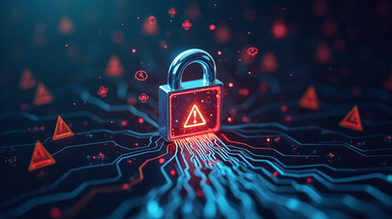 A security breach concept: glowing warning signs and data streams leaking through a vibrant glowing chrome padlock